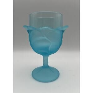 Vintage LG Wright Blue Satin Glass Cabbage Leaf 6.25” Water Goblet Wine Glass